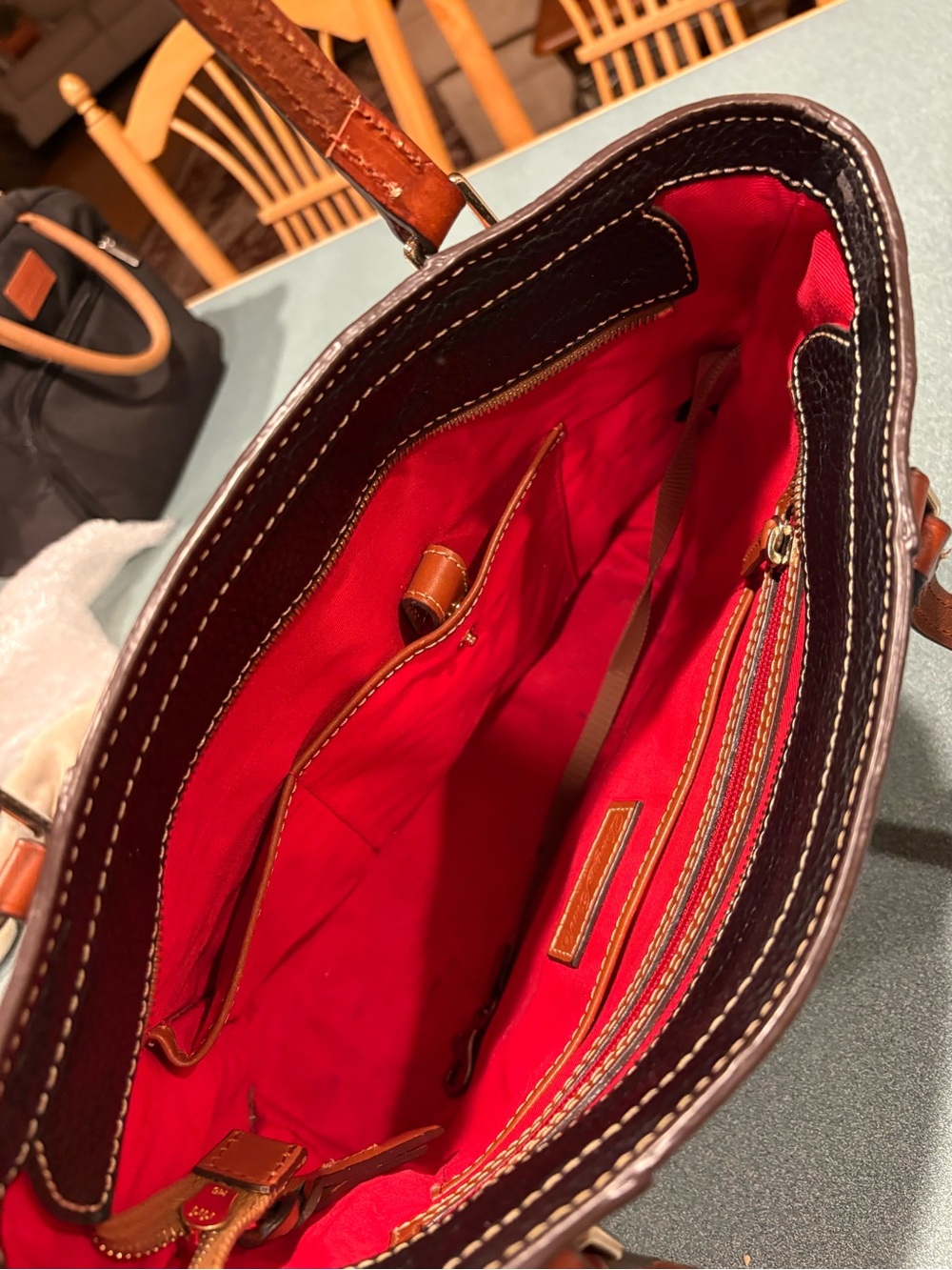 Dooney & Bourke Lexington tote Black Pebbled Leather Messenger with Brown Trim - Picture 8 of 8